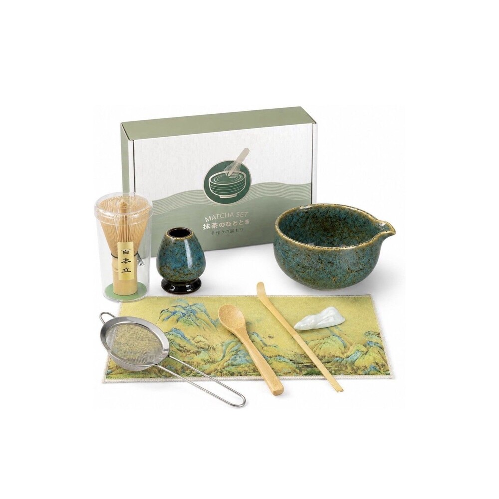 8 Pc Matcha Tea Set Reactive Blue Glaze Bowl Bamboo Whisk Sifter Ceremony Kit